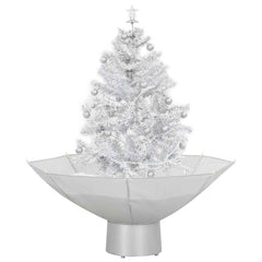 A 2 ft white artificial Christmas tree with snowing effect, LED lights, baubles, and umbrella base.