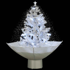 A 2 ft white artificial Christmas tree with LED lights, falling faux snow, and umbrella base.