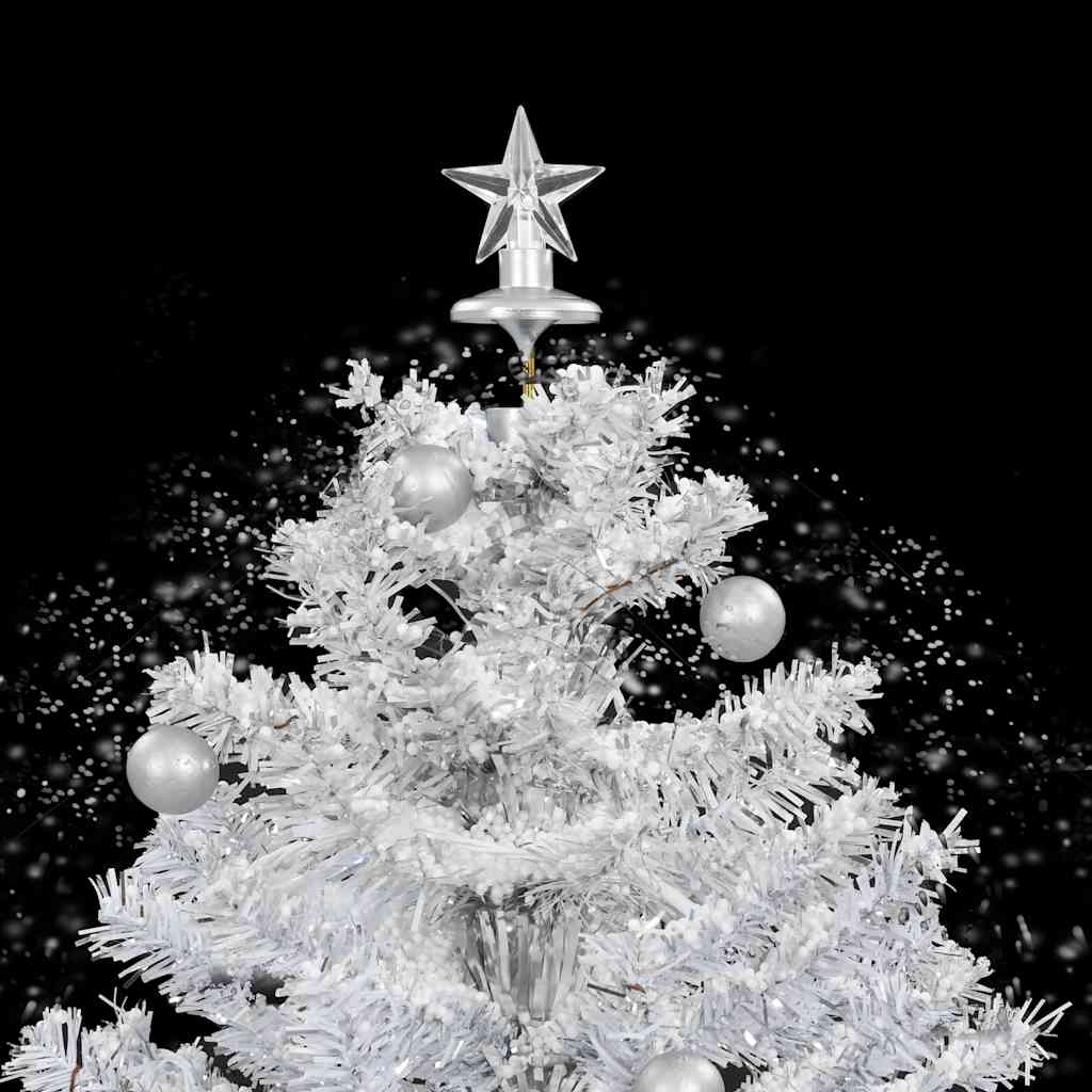 A 2 ft white artificial Christmas tree with falling snow effect, LED lights, silver ornaments, and umbrella base.