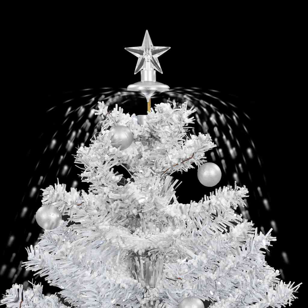 A 2 ft white artificial Christmas tree with falling faux snow, LED lights, silver baubles, and umbrella base.