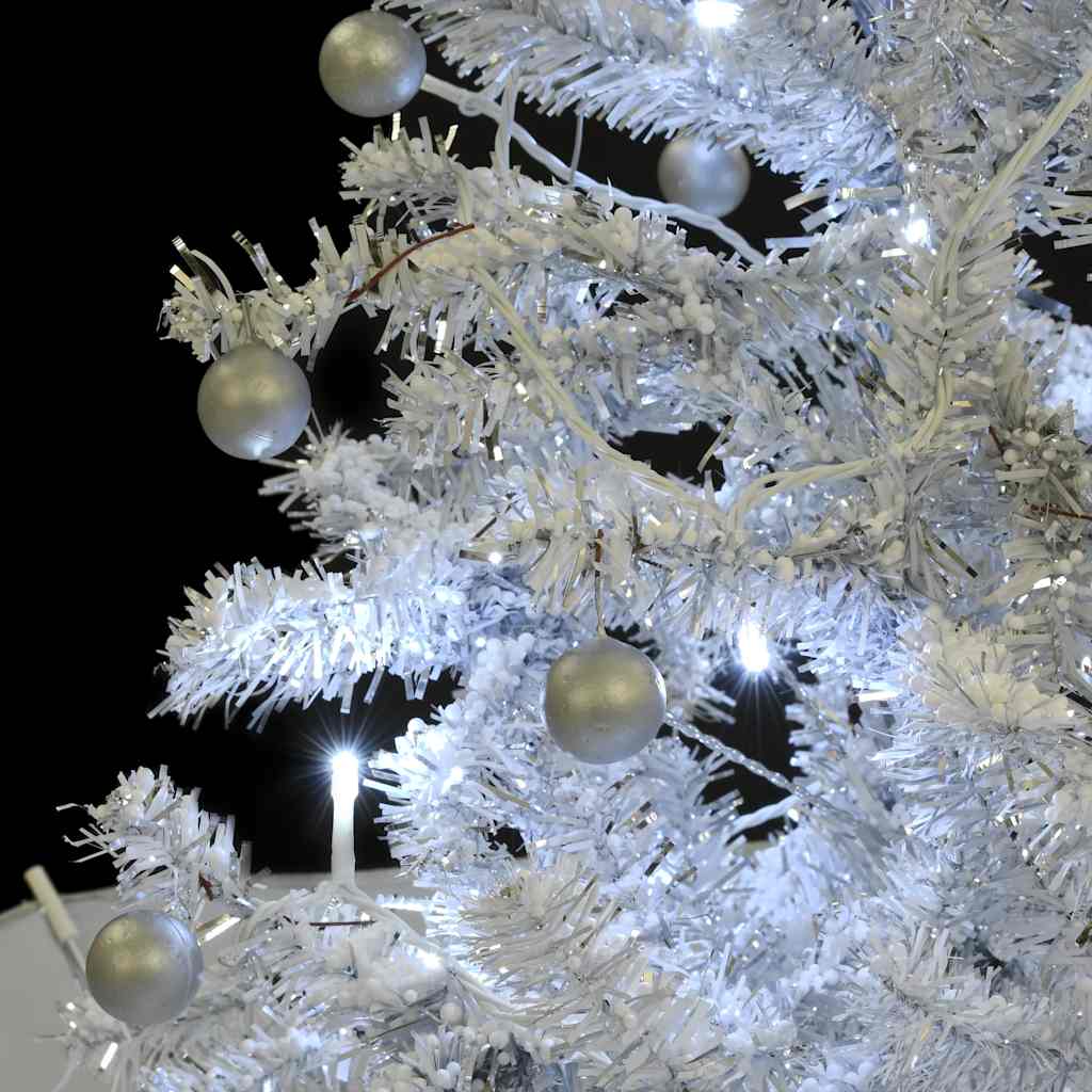 2 ft white artificial Christmas tree with LED lights, silver baubles, and umbrella base snow effect