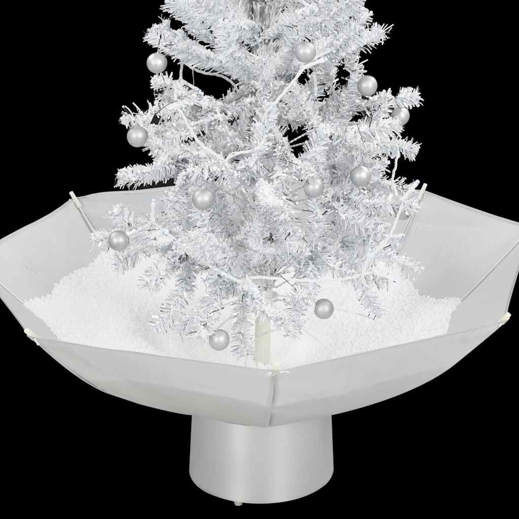 A 2-foot white artificial Christmas tree with snowing effect and umbrella base.