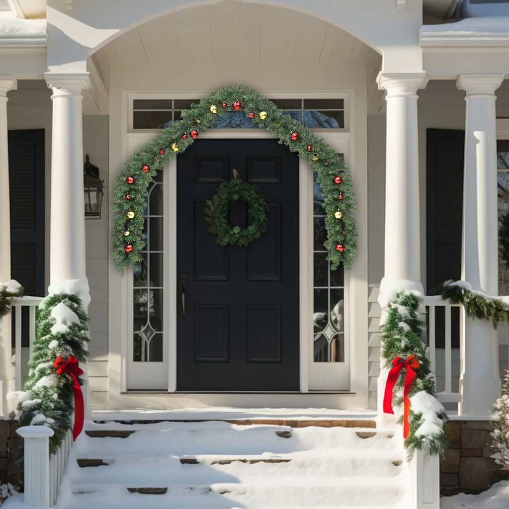16 ft PVC Christmas garland with gold and red baubles draped on a snowy porch.