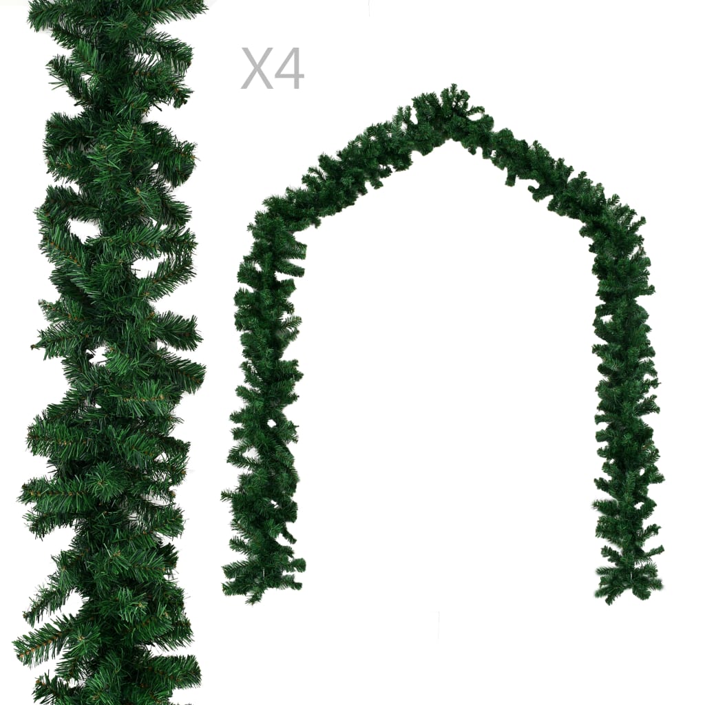 Four 106.3-inch green PVC Christmas garlands shown straight and arched.