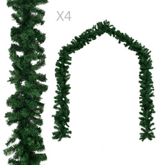 Four 106.3-inch green PVC Christmas garlands shown straight and arched.