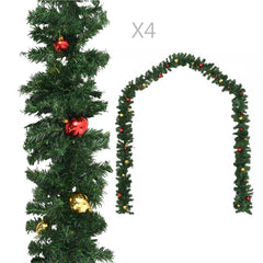 Four green PVC Christmas garlands with red and gold baubles, 106 inches each.