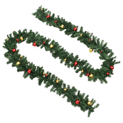 Green PVC Christmas garland with red and gold baubles, shown in a curved display.