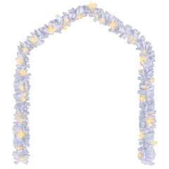 A 33 ft white Christmas garland arched with 150 warm-white LED lights on lush tips.