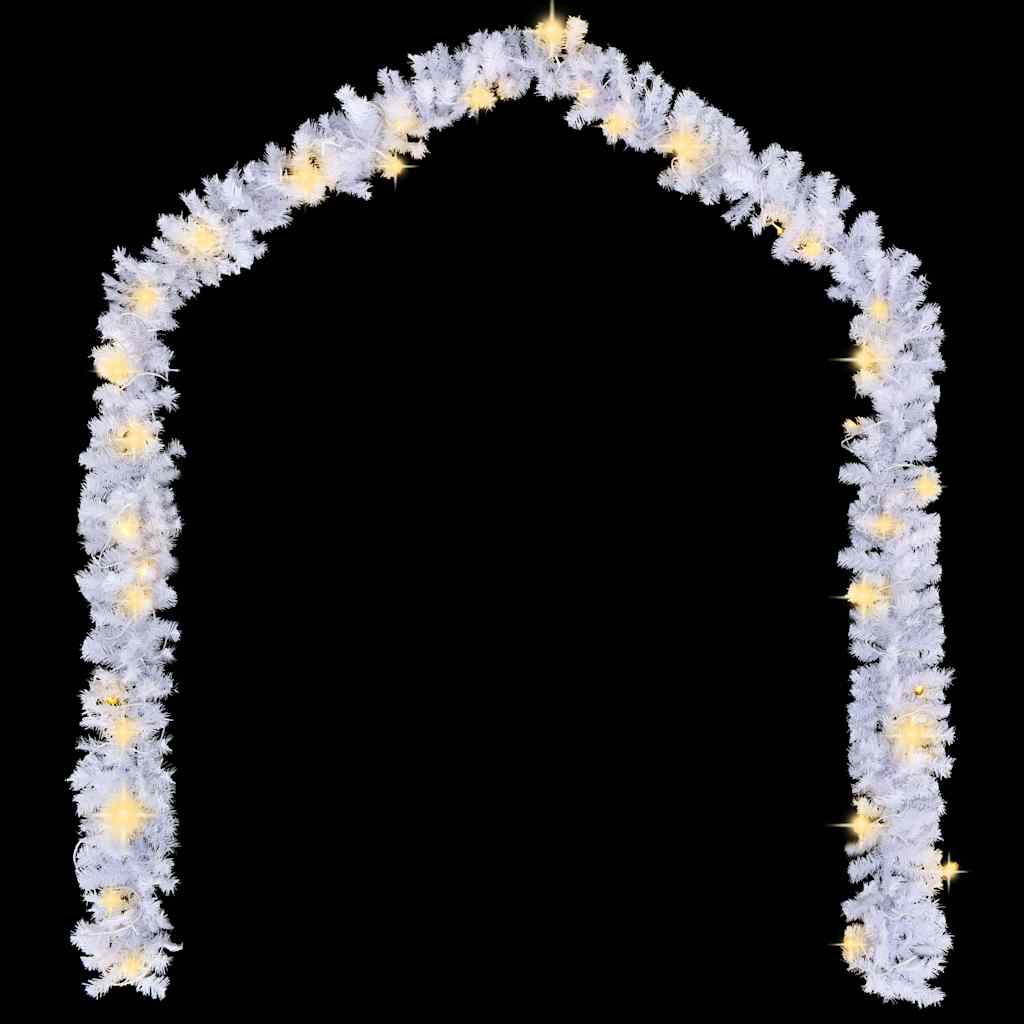 A 33 ft white Christmas garland arched with warm white LED lights.