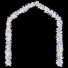 A 33 ft white Christmas garland arched with warm white LED lights.