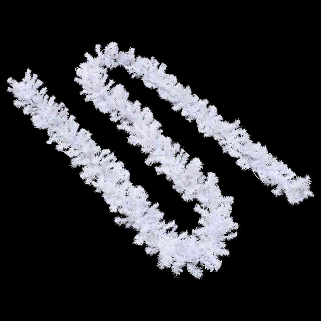 A 66ft white Christmas garland with 300 warm white LED lights, shown draped and bendable.