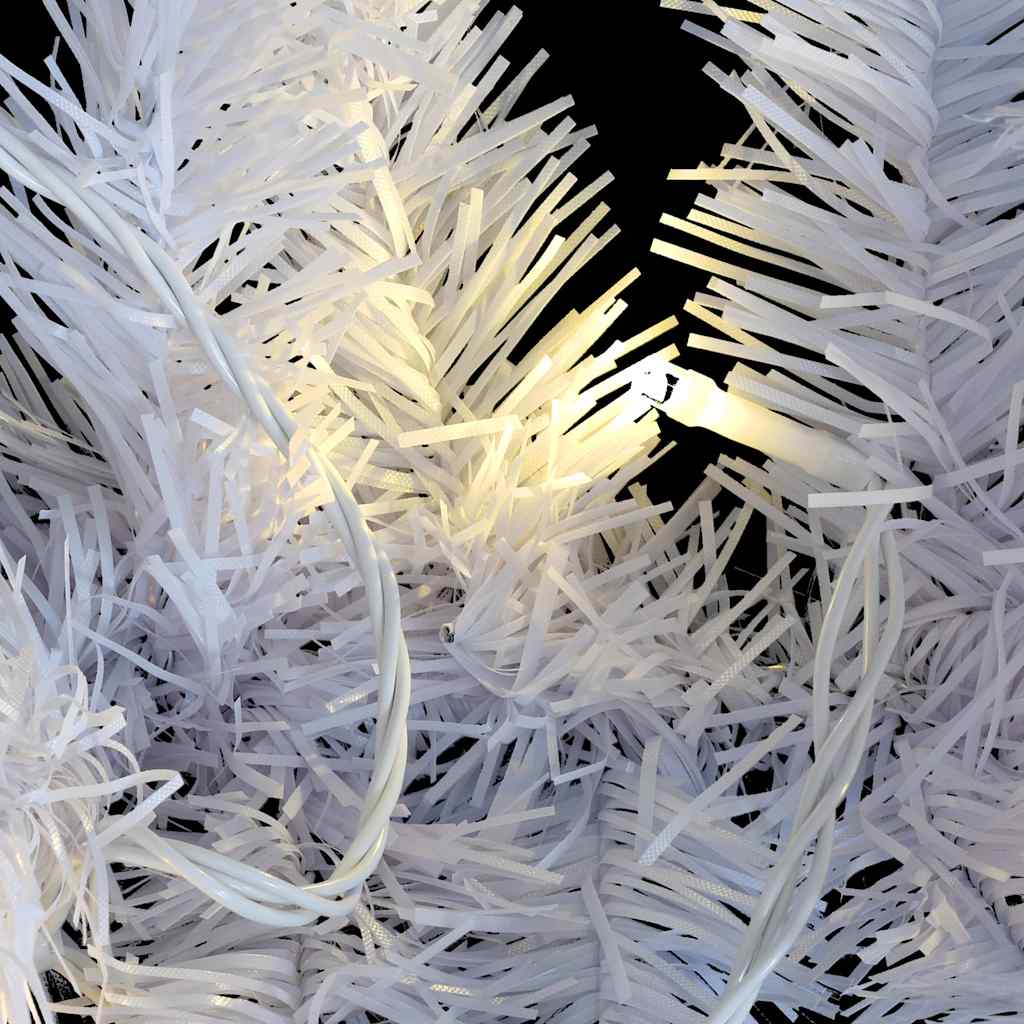 A 66-foot white Christmas garland with fluffy branches and 300 warm white LED lights illuminating it.