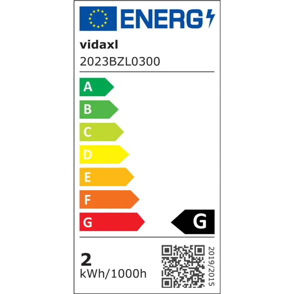 EU energy label for VidaXL product 2023BZL0300 with A to G efficiency scale and 2 kWh/100h rating.