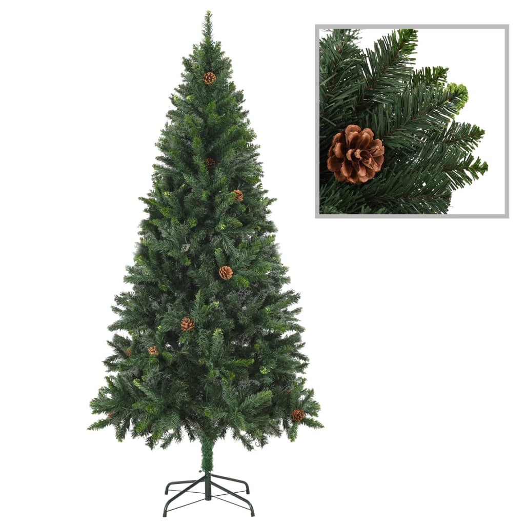A 6 ft green artificial Christmas tree with attached pine cones and a metal stand.