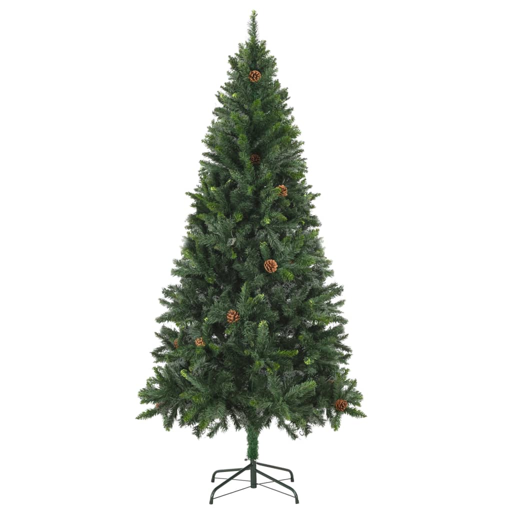 A 6 ft green artificial Christmas tree with attached pine cones and a metal stand.