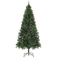 A 6 ft green artificial Christmas tree with attached pine cones and a metal stand.