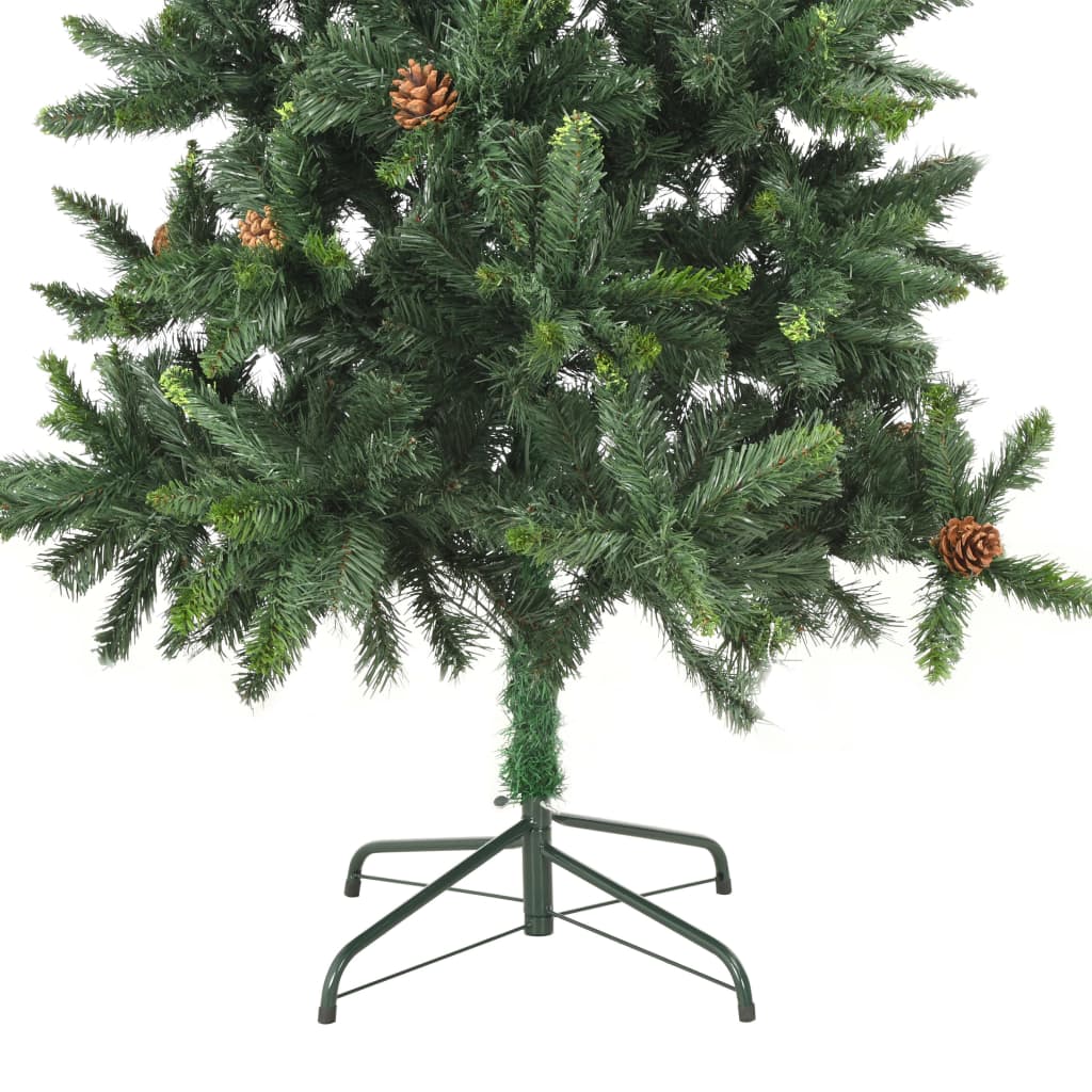 A 6 ft green artificial Christmas tree with pine cones on a metal stand.