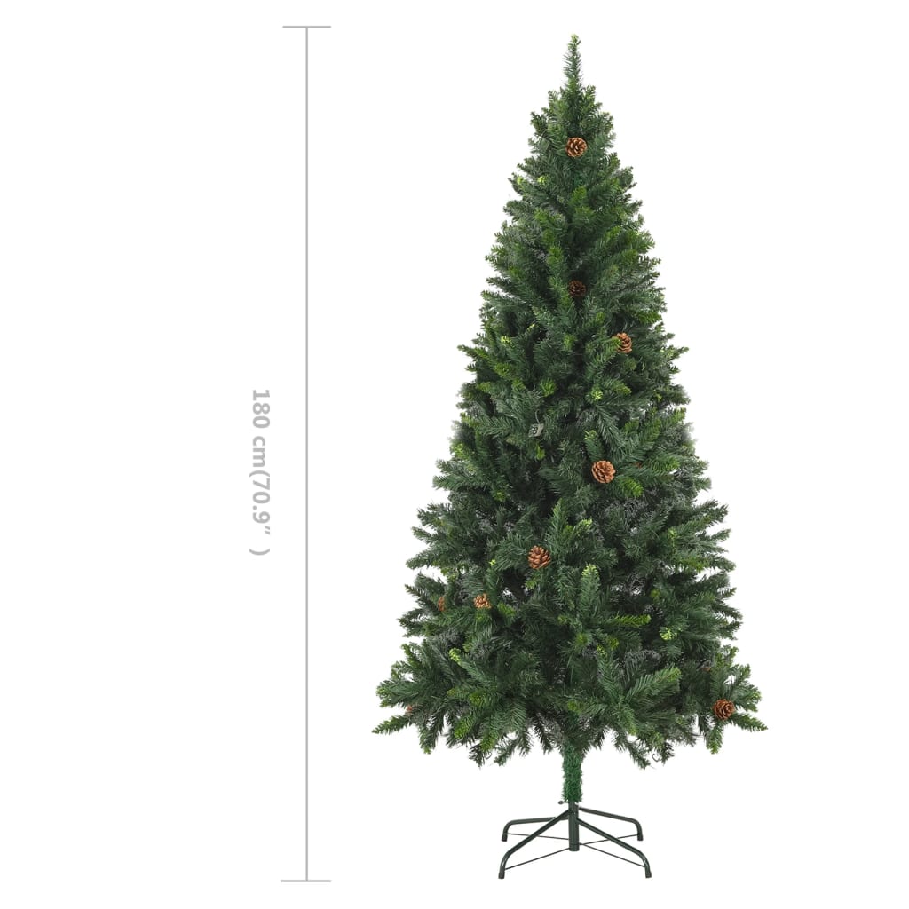 A 6 ft green artificial Christmas tree with pine cones on a metal stand.