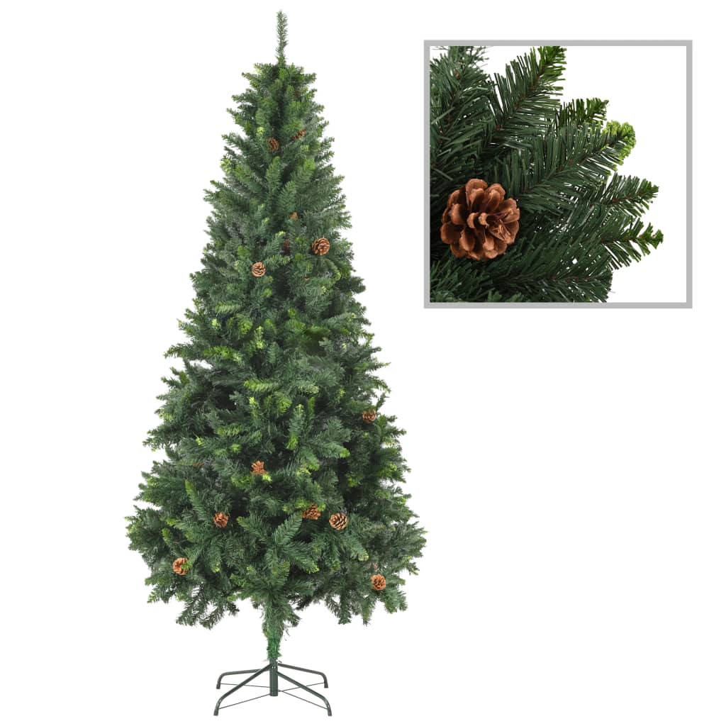 7ft green artificial Christmas tree with pine cones and metal stand.