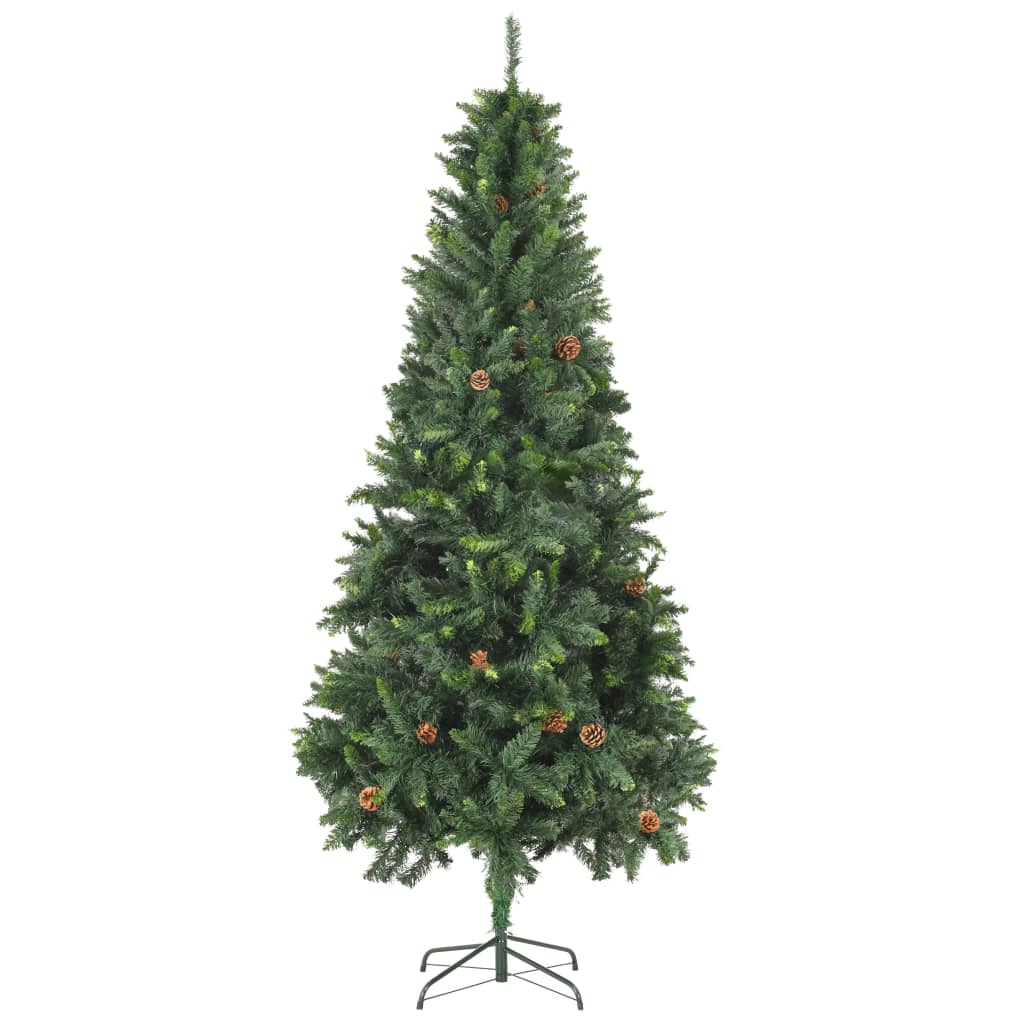 A 7ft green artificial Christmas tree with attached pine cones and a sturdy base.
