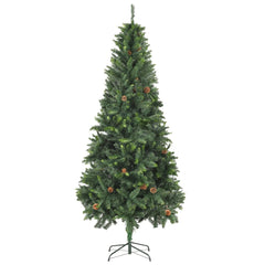 A 7ft green artificial Christmas tree with attached pine cones and a sturdy base.