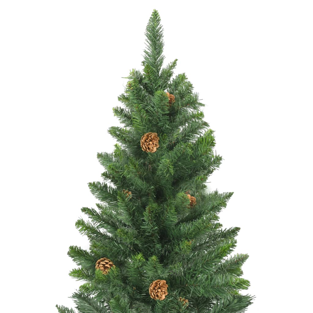 A 7ft green artificial Christmas tree adorned with natural pine cones.