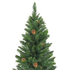 A 7ft green artificial Christmas tree adorned with natural pine cones.