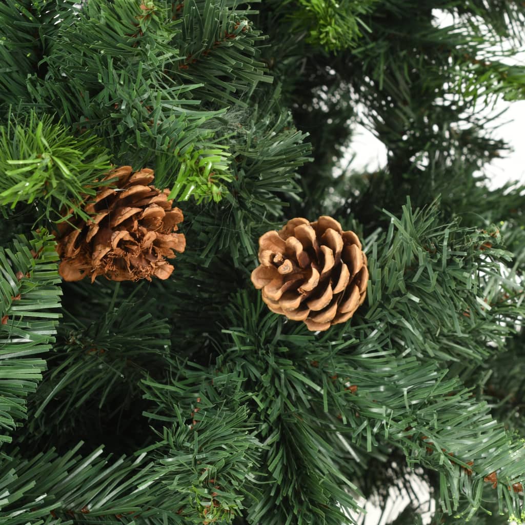 A 7ft green artificial Christmas tree with attached pine cones on its branches.