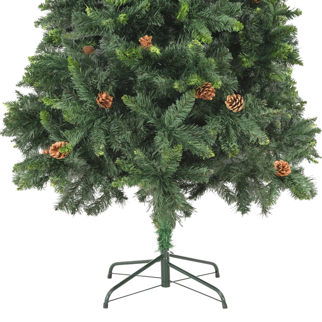 7ft green artificial Christmas tree with attached pine cones and metal stand.