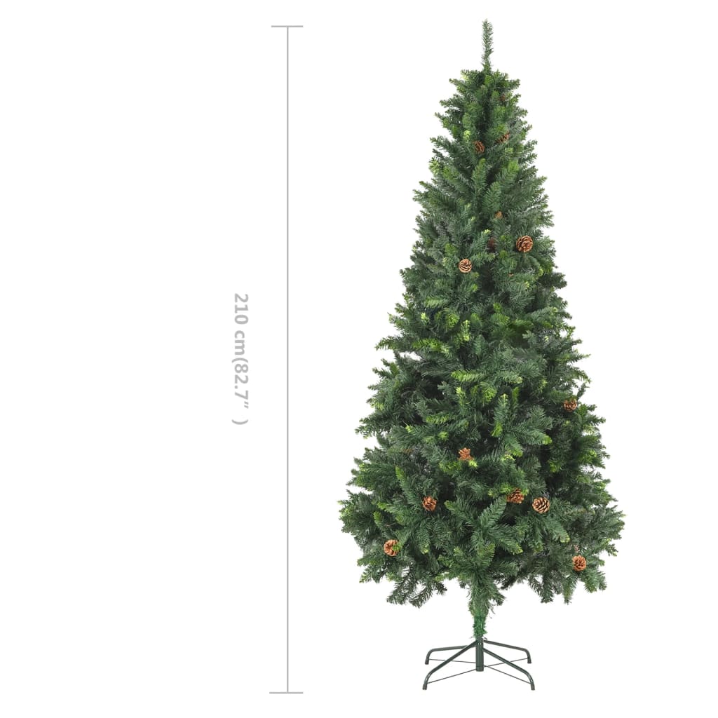 A 7ft green artificial Christmas tree with attached pine cones and a sturdy metal stand.