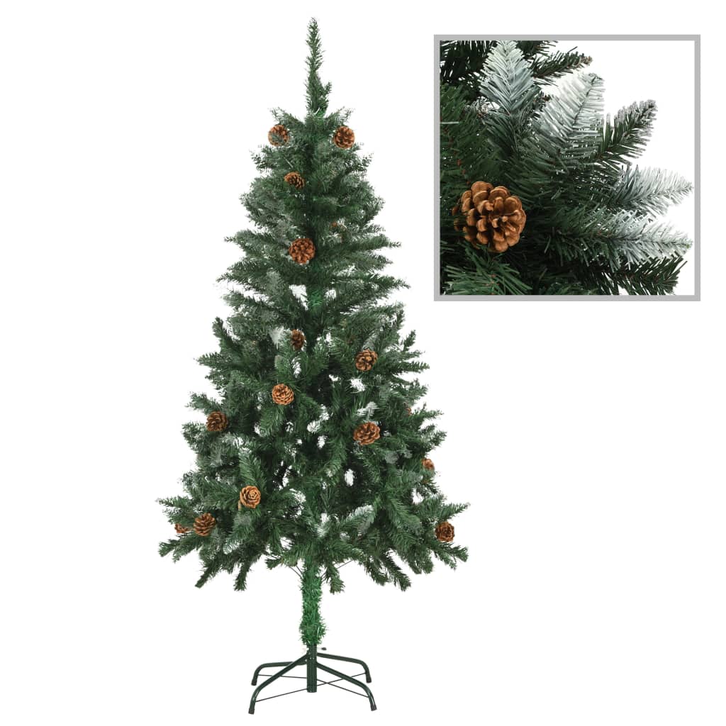 5 ft artificial Christmas tree with pine cones and white glitter on PVC branches.