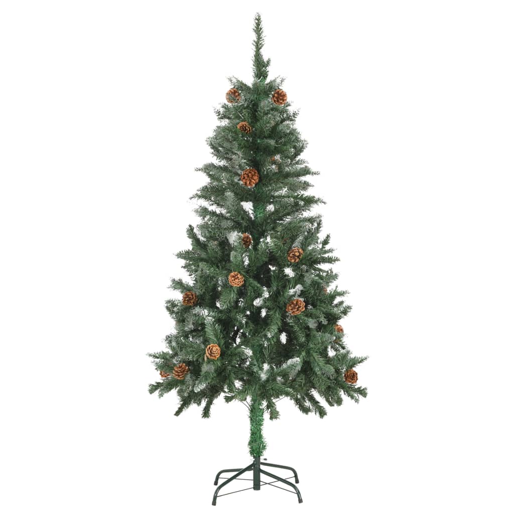 5 ft artificial Christmas tree with pine cones and white glitter on PVC branches.