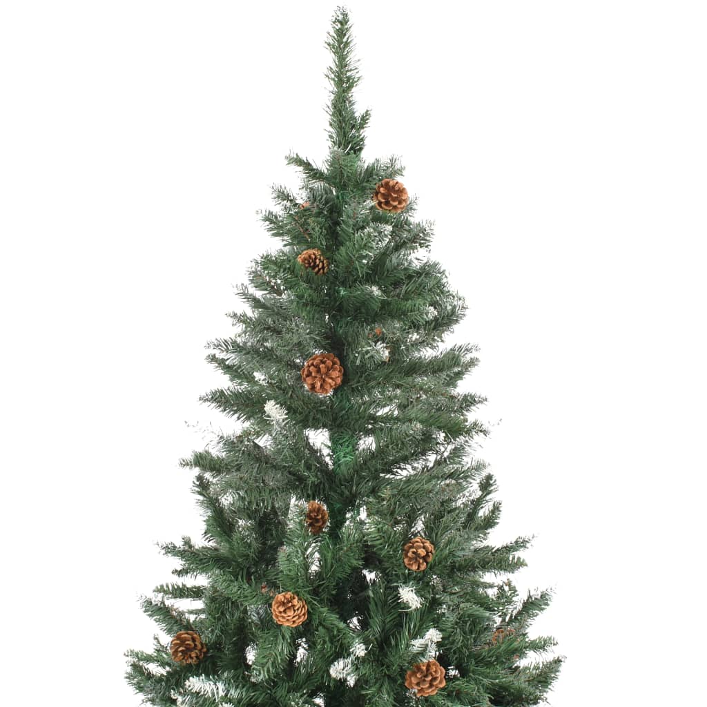 A 5 ft artificial Christmas tree with green branches, pine cones, and white glitter.