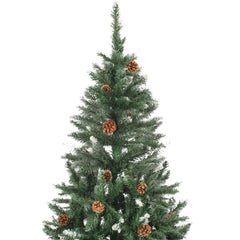 A 5 ft artificial Christmas tree with green branches, pine cones, and white glitter.