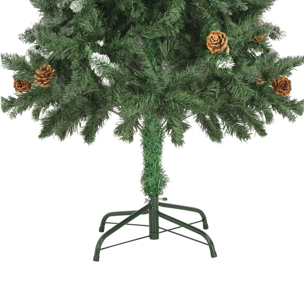 5 ft artificial Christmas tree with green branches, white glitter, pine cones, and metal stand.