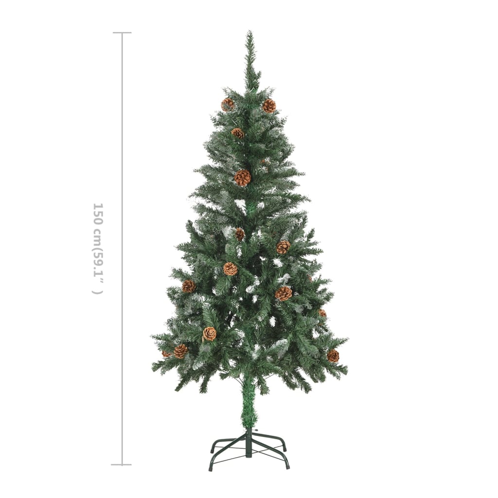 A 5 ft artificial Christmas tree with green branches, pine cones, and white glitter on a stand.