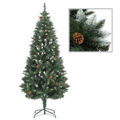 6ft artificial Christmas tree with green branches, white glitter, and attached pine cones on a metal stand.