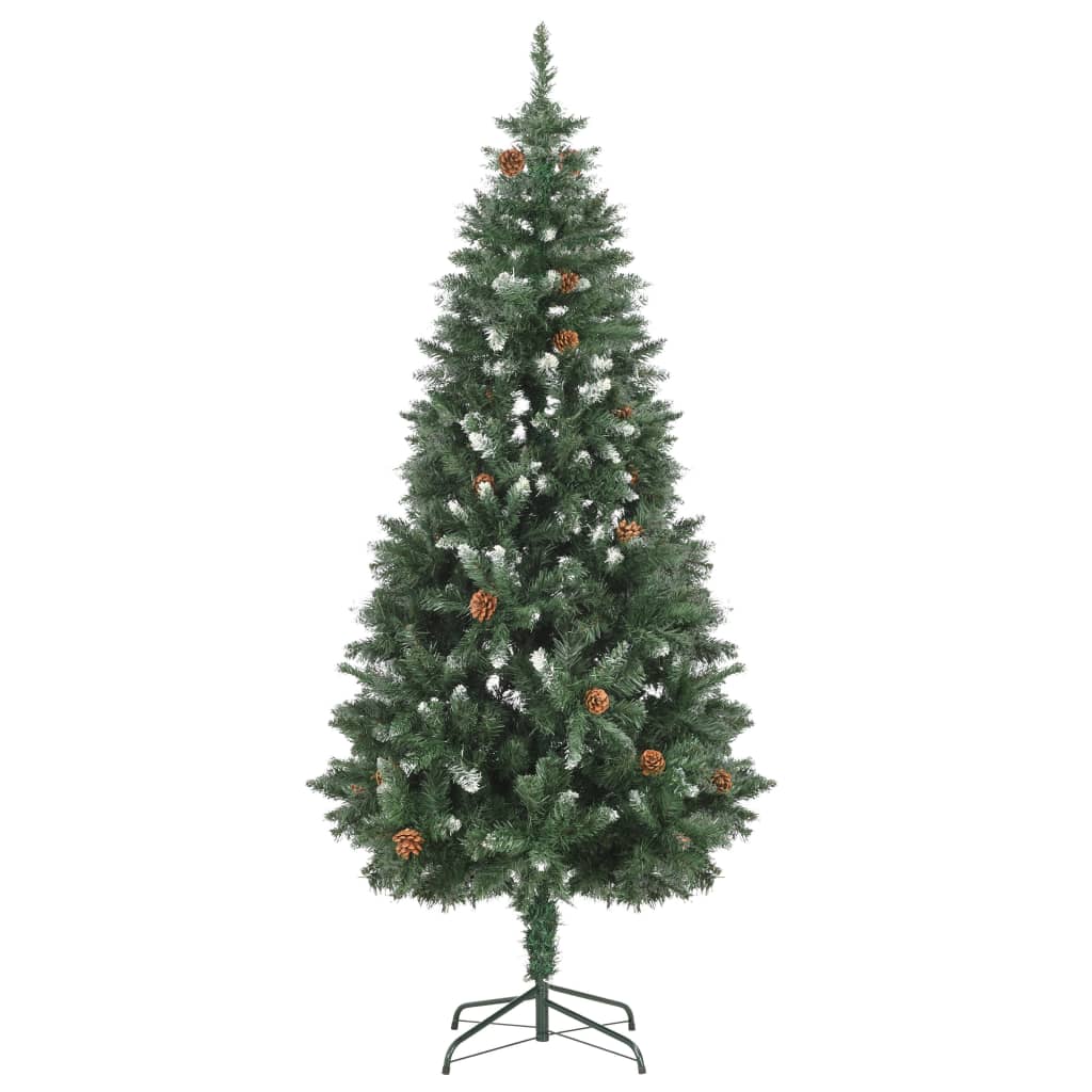 A 6ft artificial Christmas tree with green branches, white glitter, and attached pine cones on a stand.