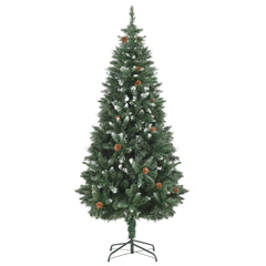 A 6ft artificial Christmas tree with green branches, white glitter, and attached pine cones on a stand.