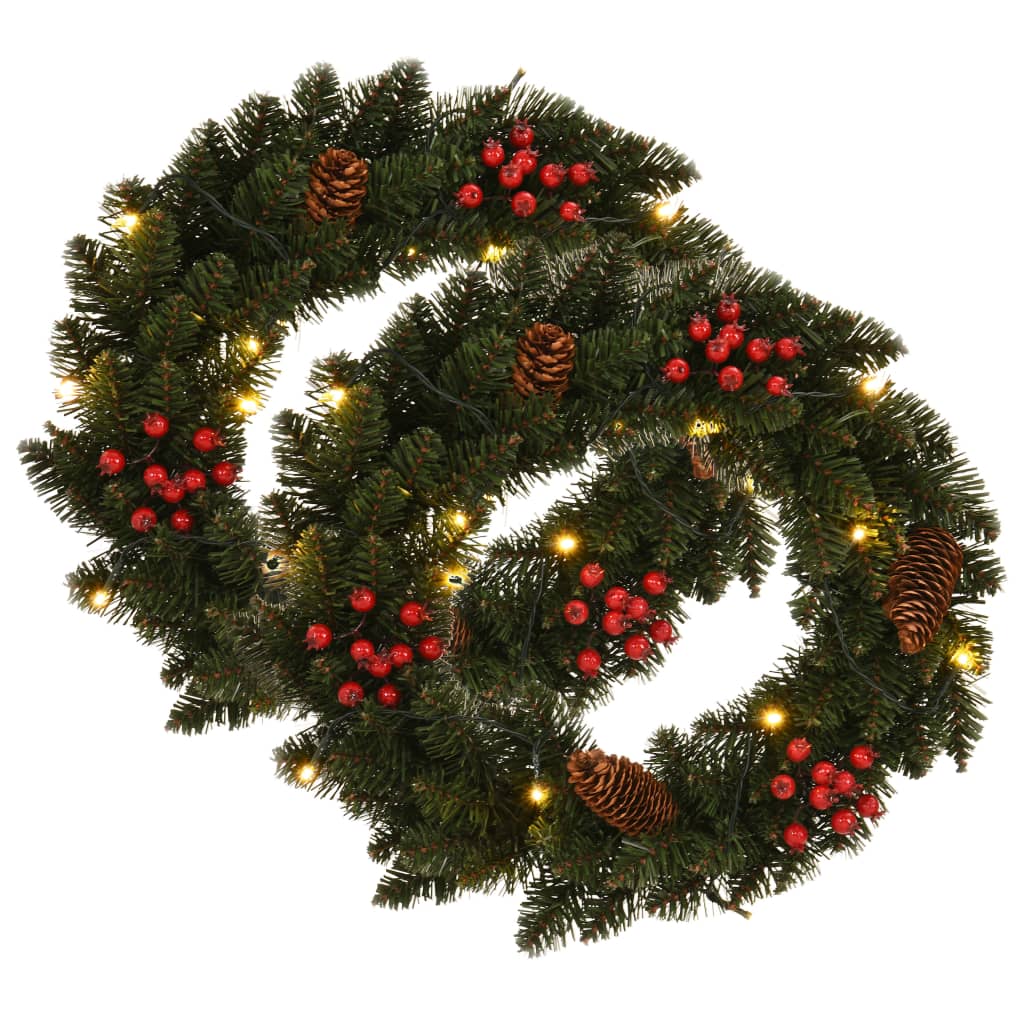 Two 1-foot green PVC Christmas wreaths with LED lights, pine cones, and red berries.