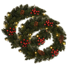 Two 1-foot green PVC Christmas wreaths with LED lights, pine cones, and red berries.