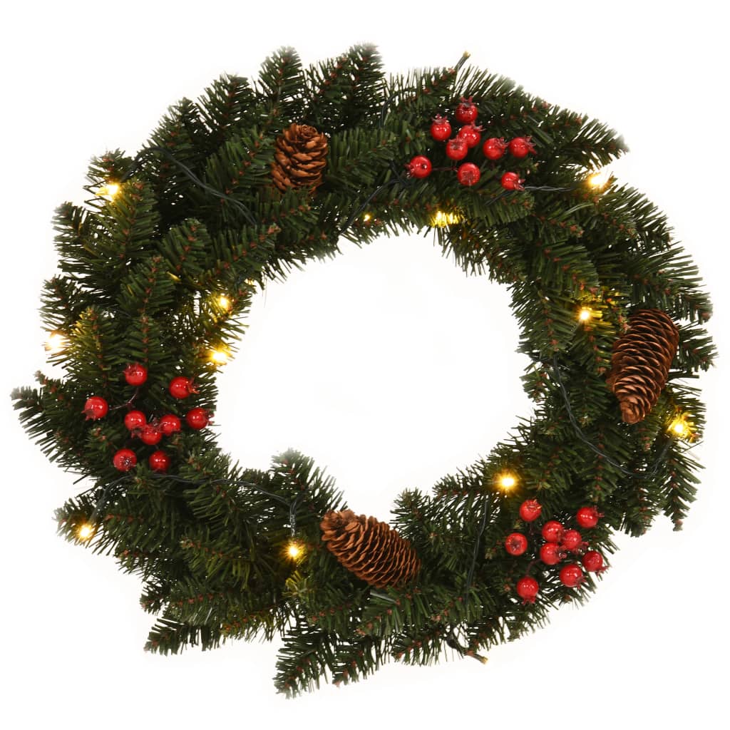 Two 1-foot green PVC Christmas wreaths with LED lights, pine cones, and red berries.