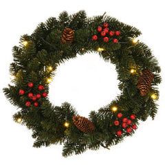 Two 1-foot green PVC Christmas wreaths with LED lights, pine cones, and red berries.