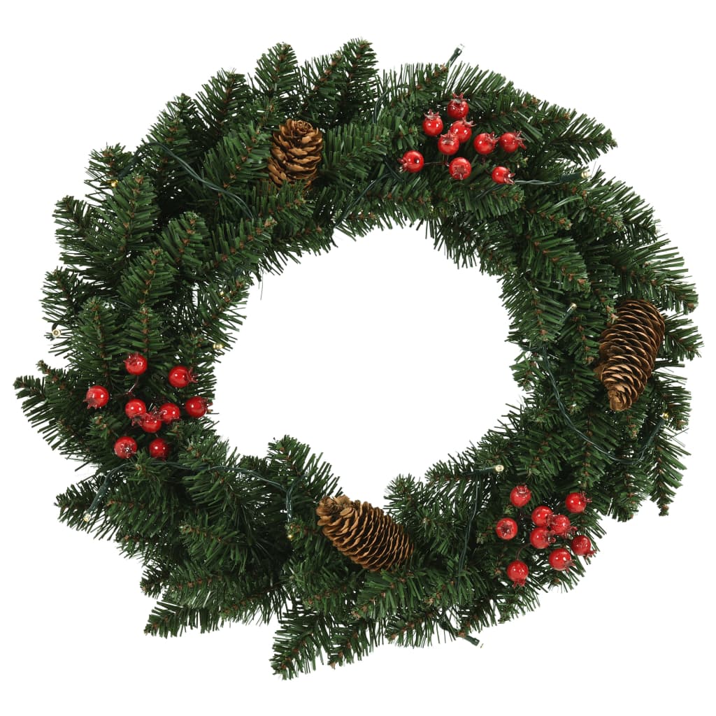 Green PVC Christmas wreath with pine cones, red berries, and LED lights, 1 ft diameter.