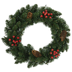 Green PVC Christmas wreath with pine cones, red berries, and LED lights, 1 ft diameter.