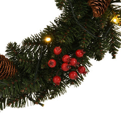 Green PVC Christmas wreath with LED lights, pine cones, and red berries, 1 ft diameter.