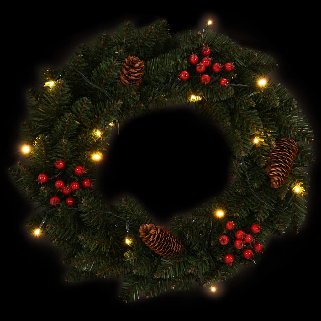 Two 1-foot green PVC Christmas wreaths with pine cones, red berries, and warm LED lights.