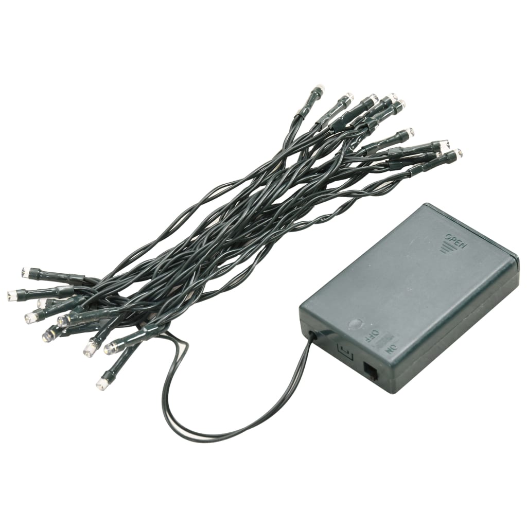 Black battery pack connected to a string of small LED Christmas lights on black wire.