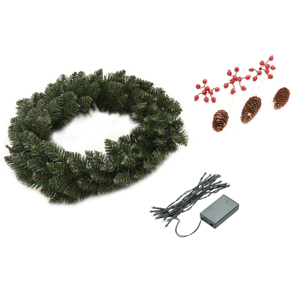 Two 1-foot green PVC Christmas wreaths with LED lights, pine cones, and red berries.