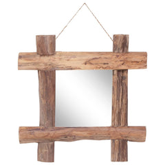 Square natural recycled teak wood log mirror, 19.7x19.7x2 inches, with rustic frame and hanging rope.